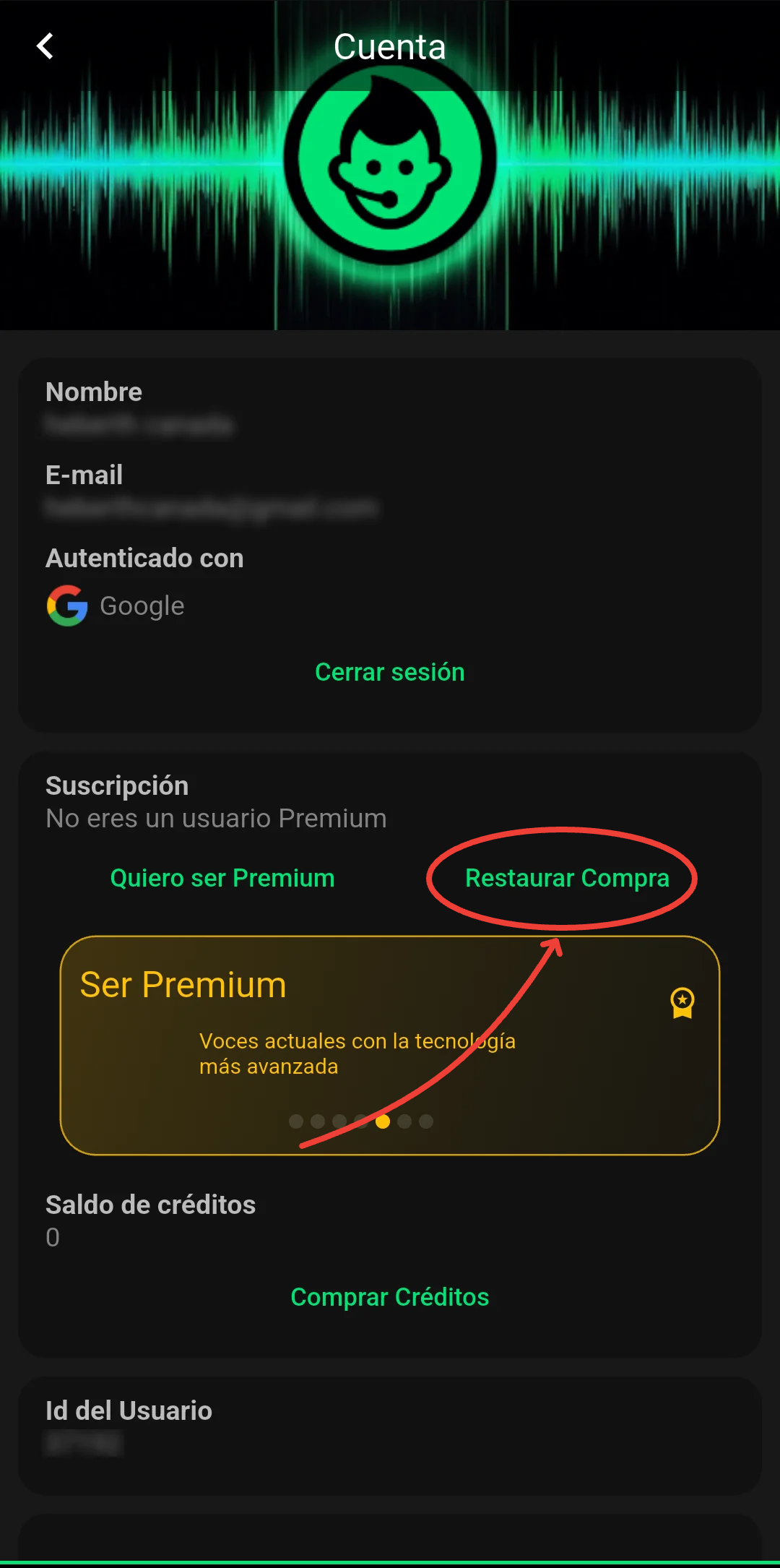 Pantalla Cuenta de Voz del Narrador con Restaurar Compra marcado con un círculo.