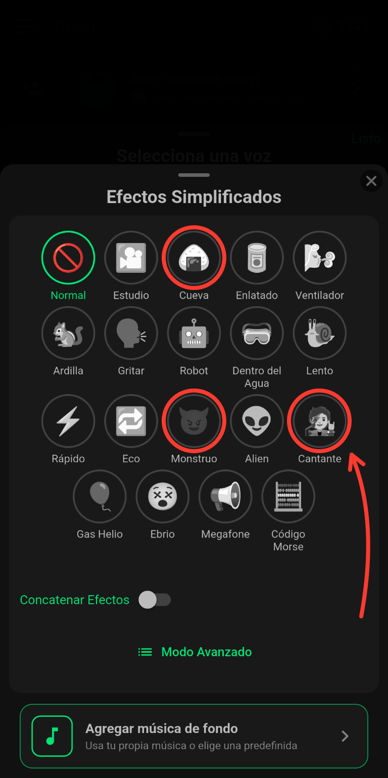 Pantalla Efectos Simplificados con los efectos Cueva, Monstruo y Cantante resaltados con círculos y una flecha roja.