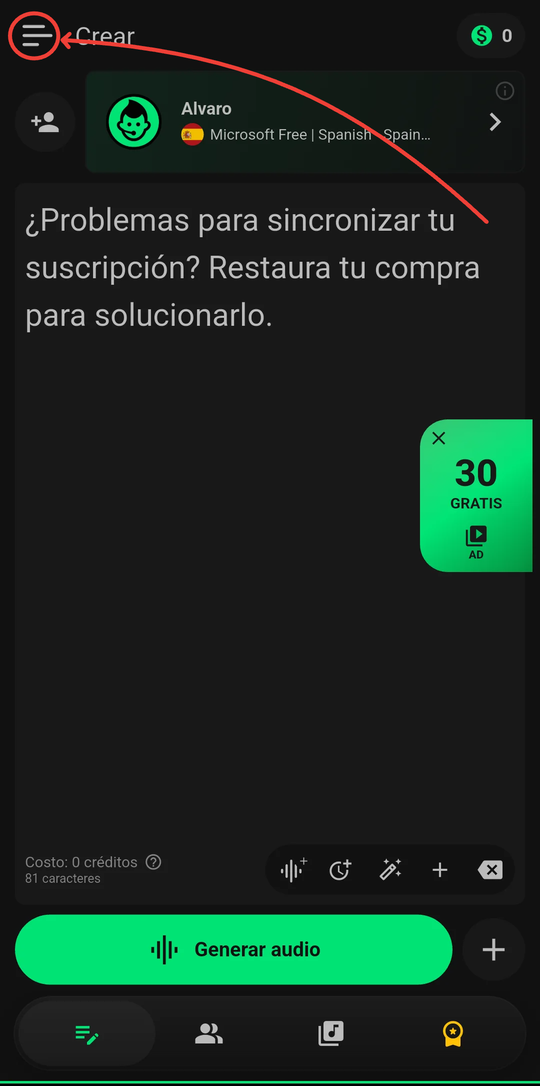 Pantalla de inicio de Voz del Narrador con el ícono del menú lateral marcado con un círculo.