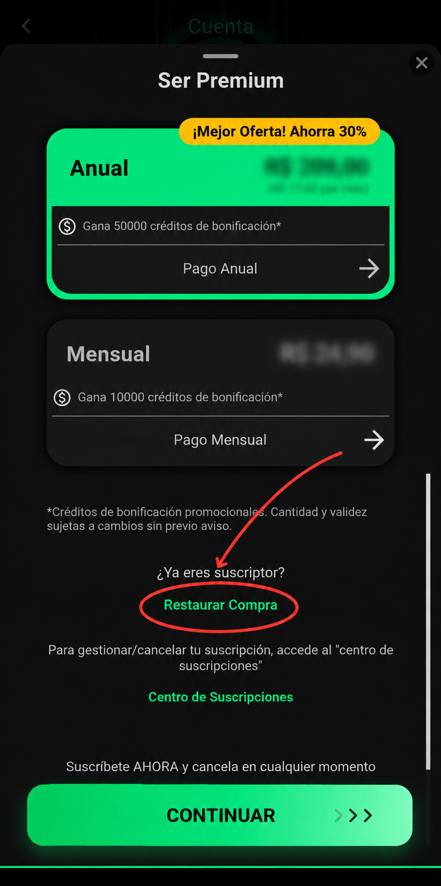 Pantalla de la suscripción Premium con Restaurar Compra marcado con un círculo.
