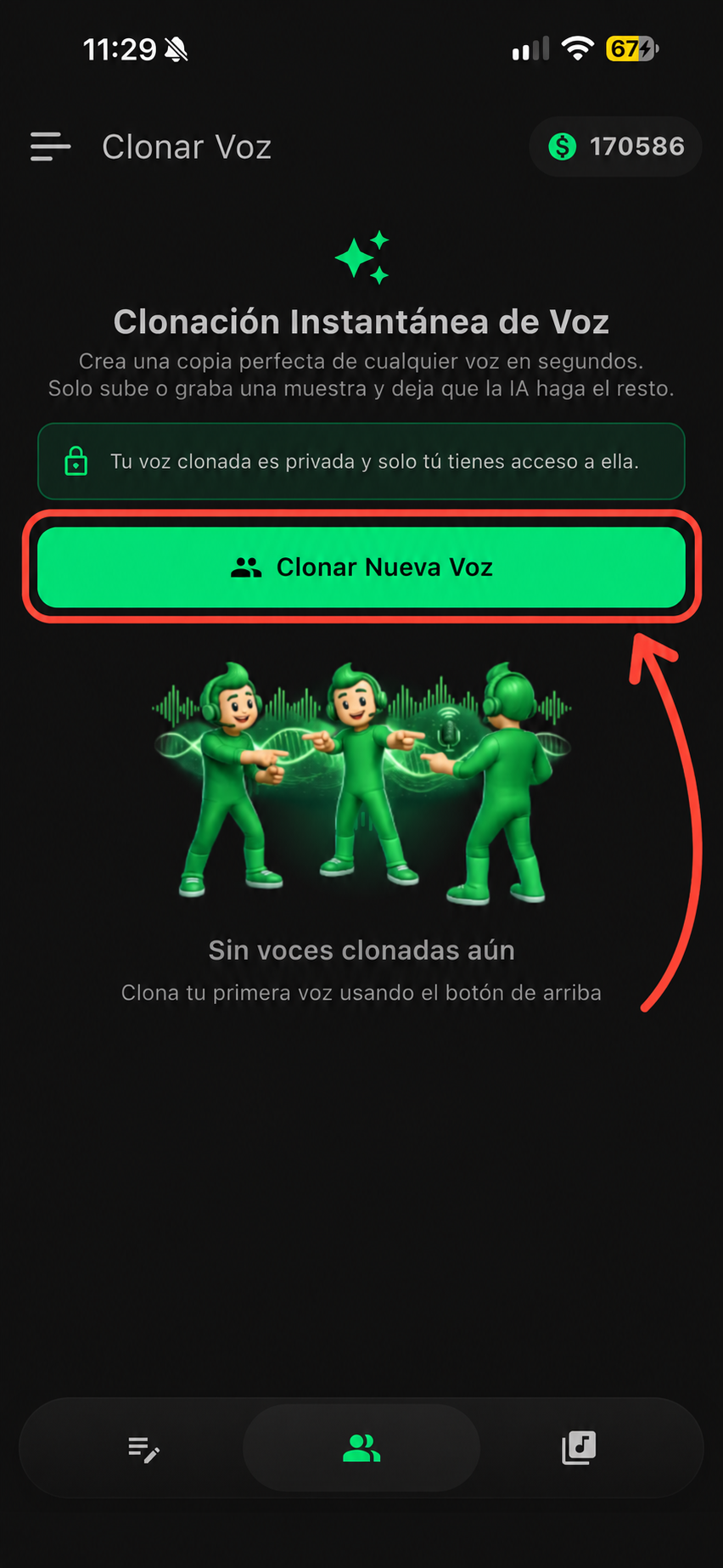 Pantalla Clonar Voz, con el botón Clonar Nueva Voz resaltado con un contorno y una flecha rojos.