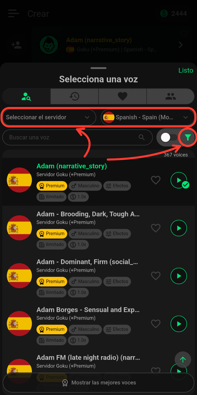 Pantalla Selecciona una voz con la barra de servidor e idioma rodeada en rojo y una flecha que señala el ícono de filtro.