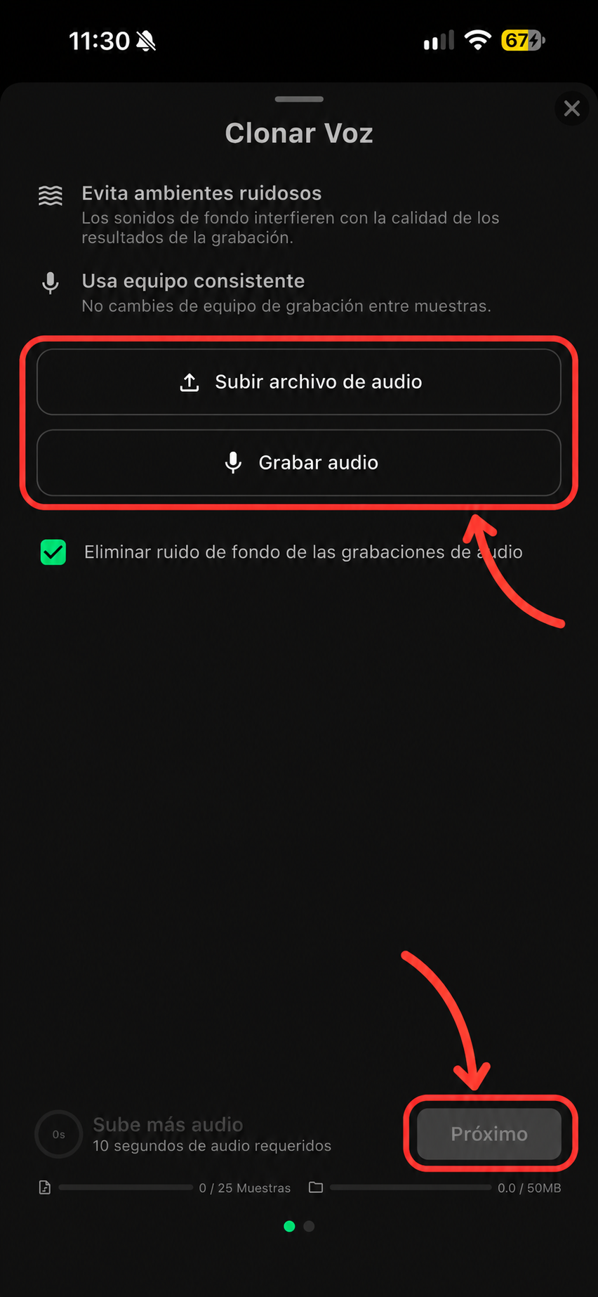 Pantalla para agregar la muestra, con las opciones Subir archivo de audio y Grabar audio resaltadas y una segunda flecha que señala Próximo.