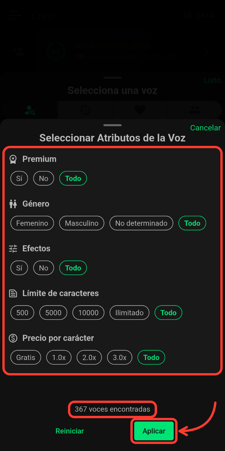 Pantalla Seleccionar Atributos de la Voz con los cinco filtros rodeados en rojo, el contador de voces encontradas y una flecha que apunta al botón Aplicar.