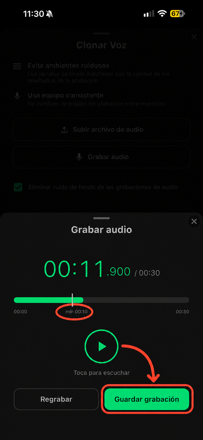 Pantalla Grabar audio, con el mínimo de 10 segundos marcado con un círculo y una flecha roja que señala el botón Guardar grabación.