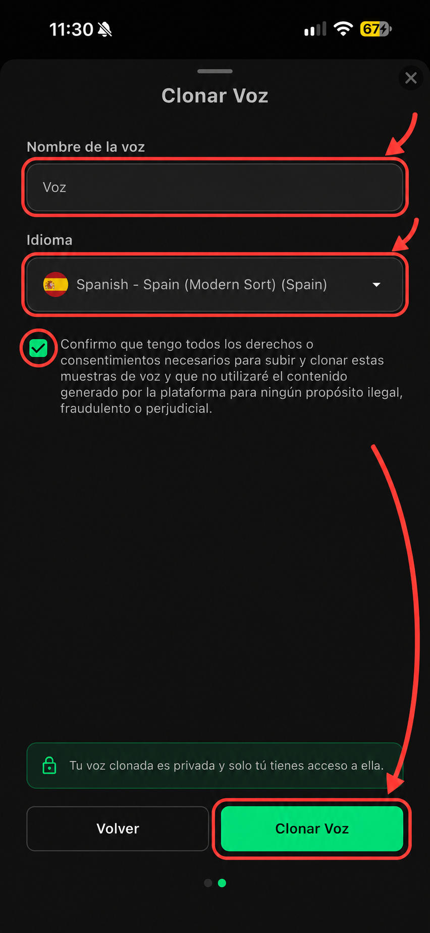 Paso final de la clonación, con los campos Nombre de la voz e Idioma, la confirmación de consentimiento y el botón Clonar Voz resaltados en rojo.