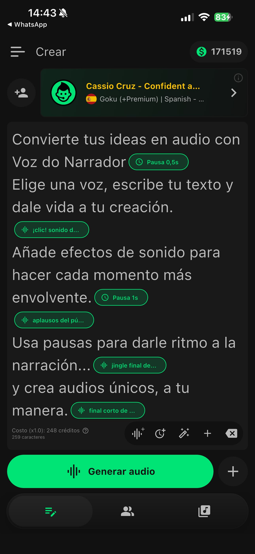 Pantalla de creación: escribe el texto y genera el audio