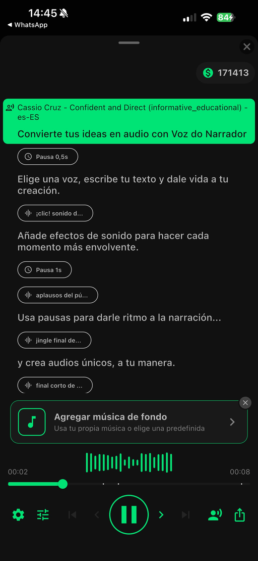 Reproducción del audio generado, con la opción de añadir música de fondo