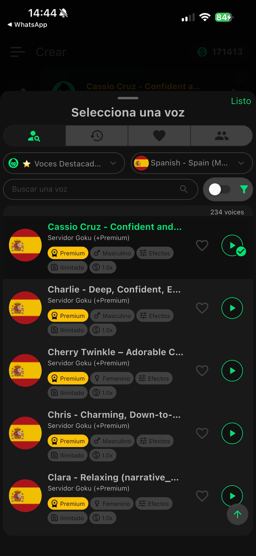 Selector de voces con búsqueda y filtros