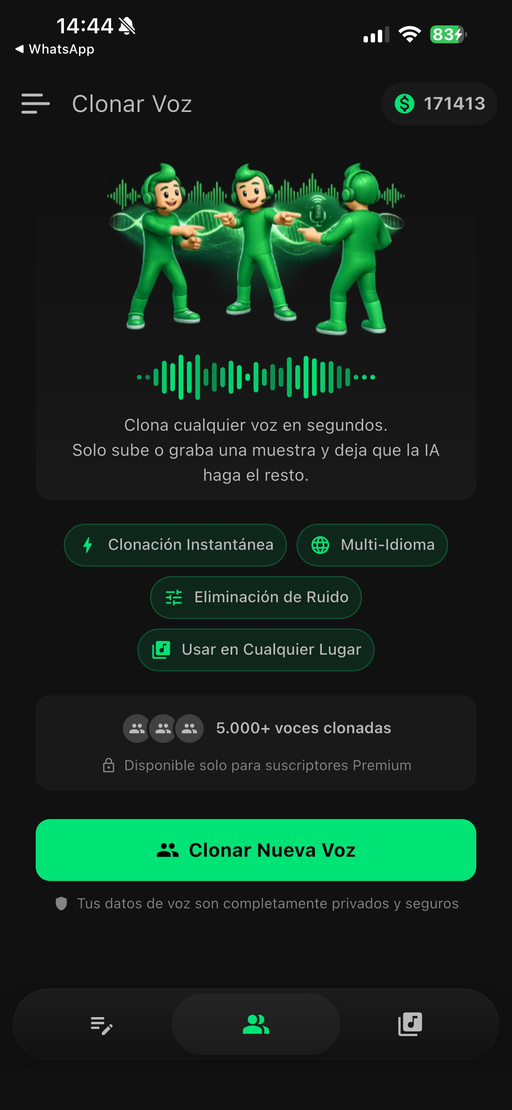 Pantalla de clonación de voz con IA