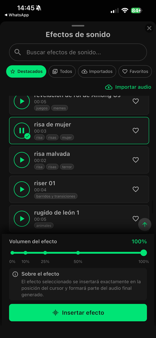 Biblioteca de efectos de sonido con búsqueda y control de volumen